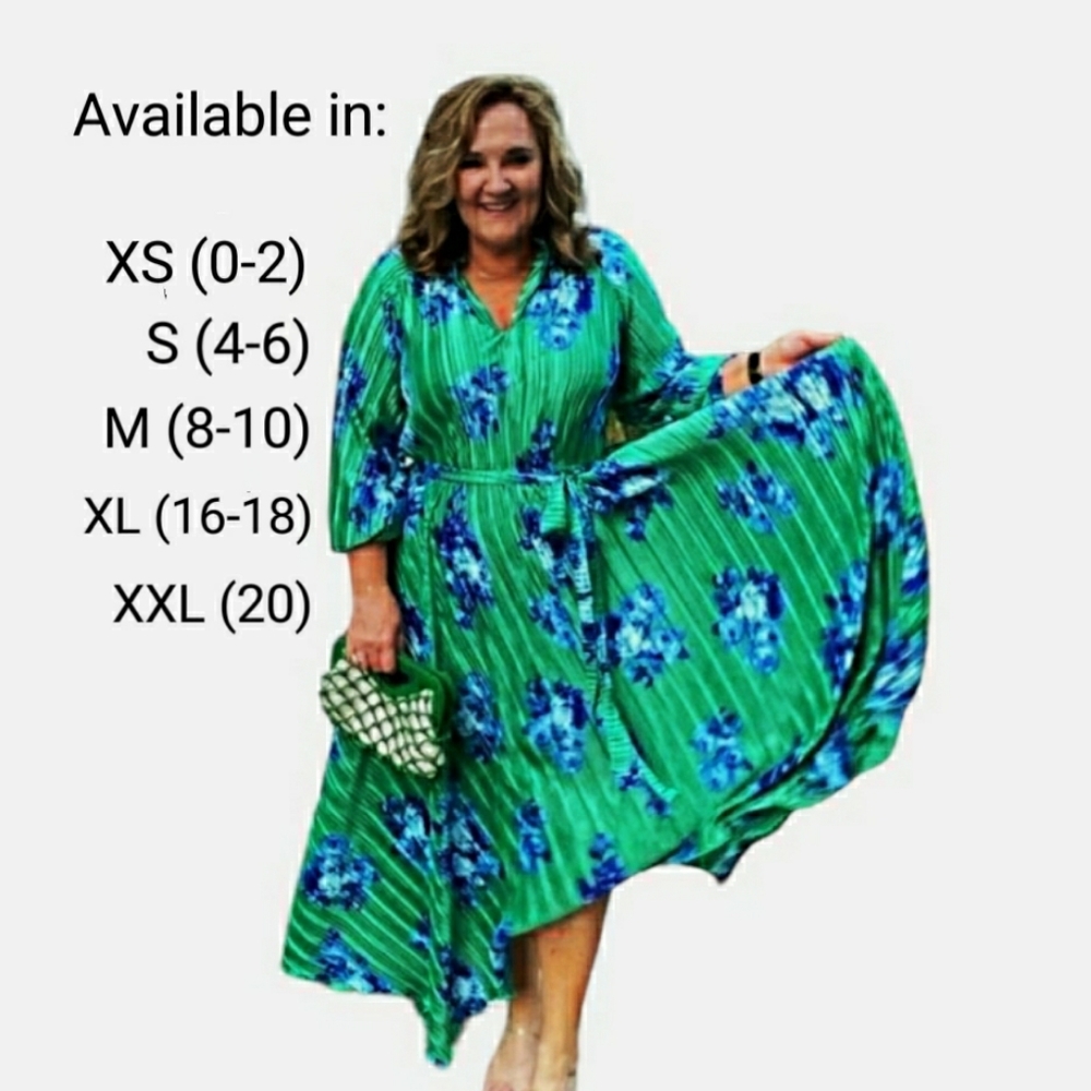 NEW Size Small 4-6 Midi Lush Floral Pleated Belted Fitted Waist Green Blue Dress